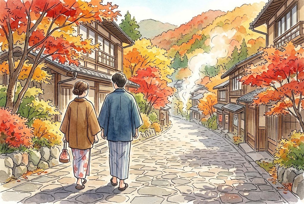 紅葉の温泉街の石畳の坂道を、二人が後ろ姿で歩くイメージのイラスト。