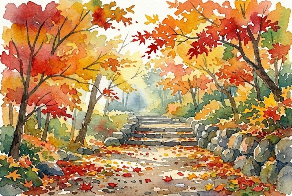 紅葉した楓に囲まれ、散った葉が積もる公園の小道のイメージのイラスト。