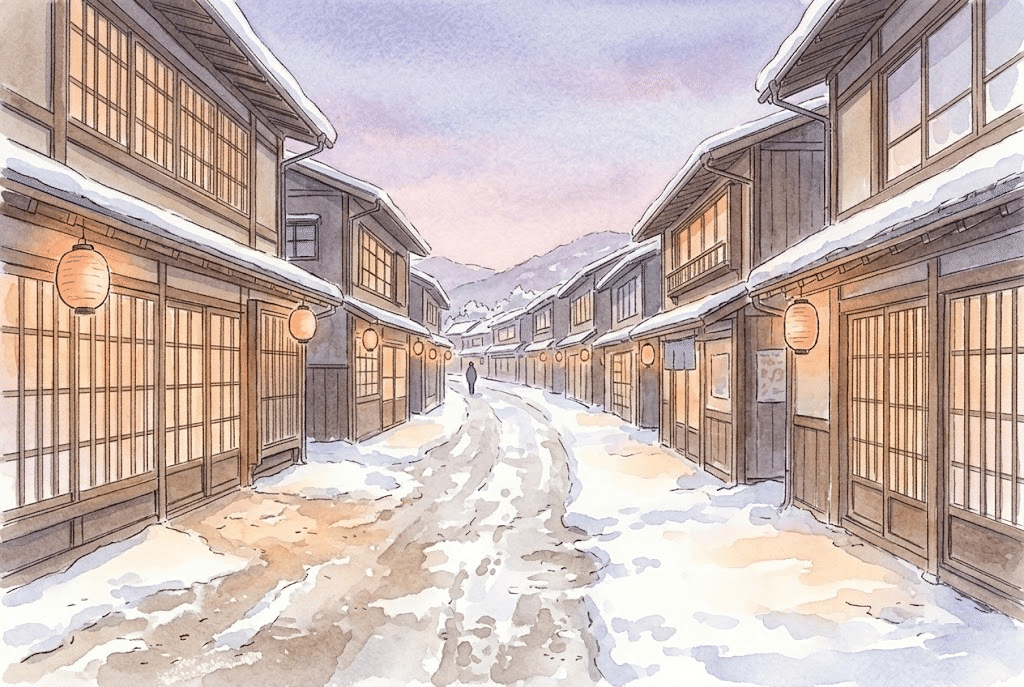 冬の夕方、灯りのともる格子の町家の通りのイメージのイラスト。