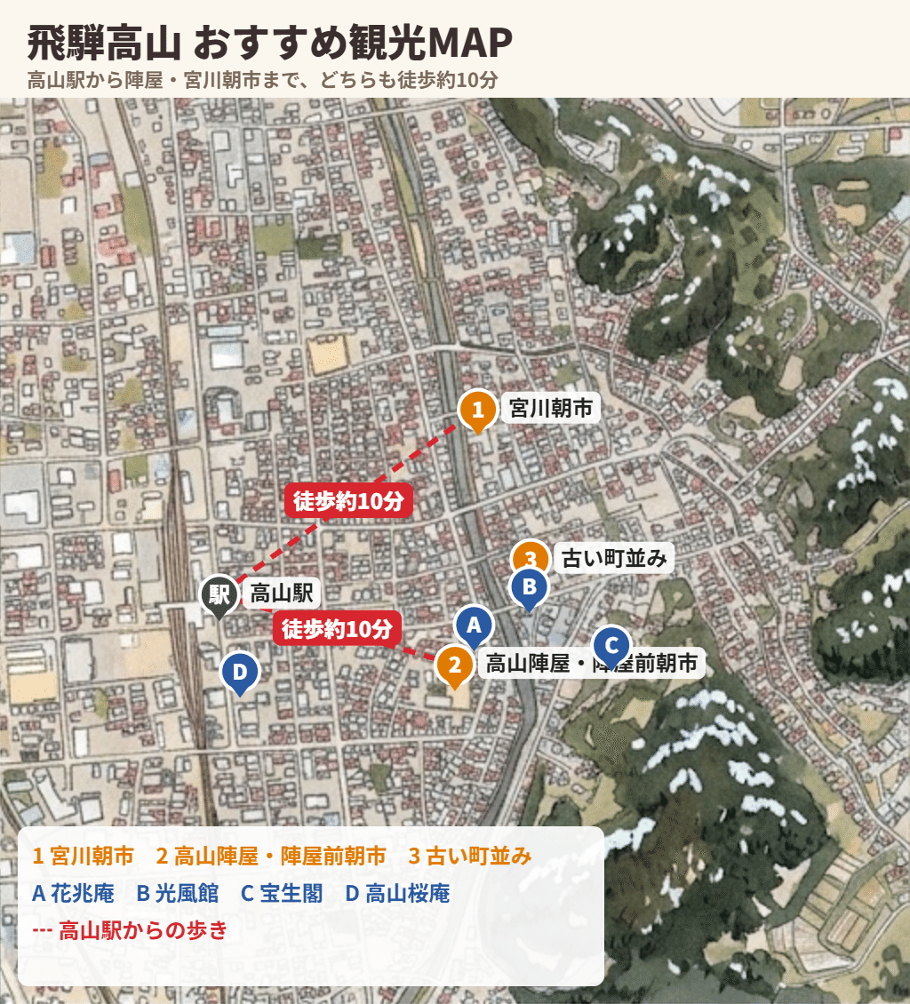高山駅から宮川朝市・高山陣屋への徒歩の道と、町なかの宿4軒の位置を示す観光マップ。