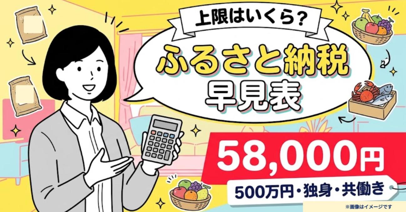 電卓を持つみおりと、ふるさと納税の早見表・58,000円の文字