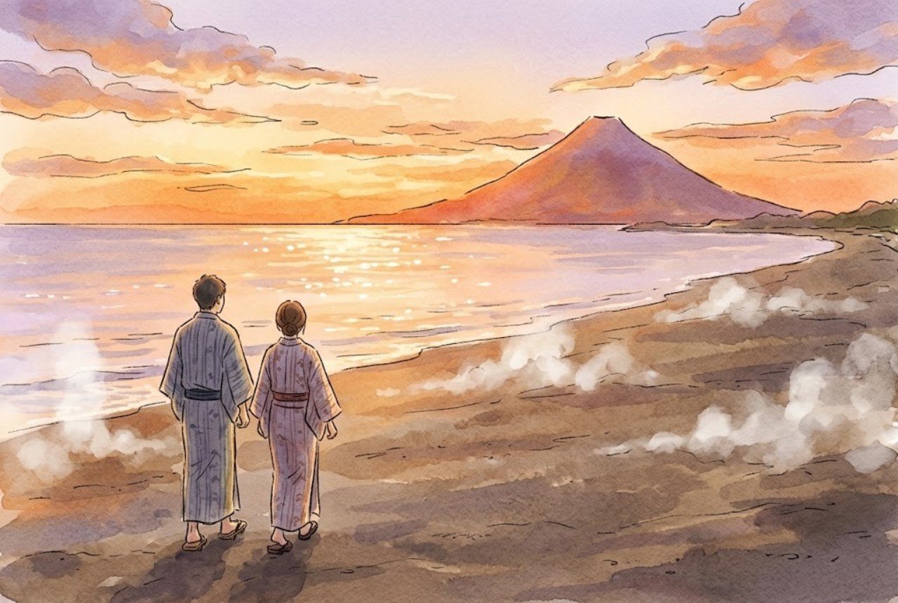 夕方の指宿の砂浜で湯気が立つ中を、浴衣姿の二人が後ろ姿で歩くイラスト。