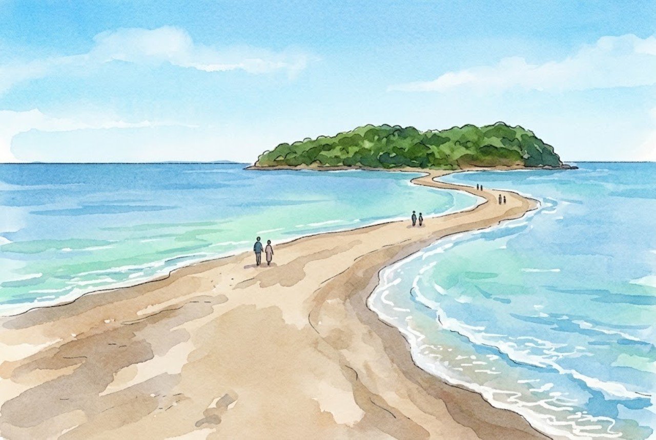 干潮の海に現れた砂の道を、沖の小さな島へ人が歩くイラスト。