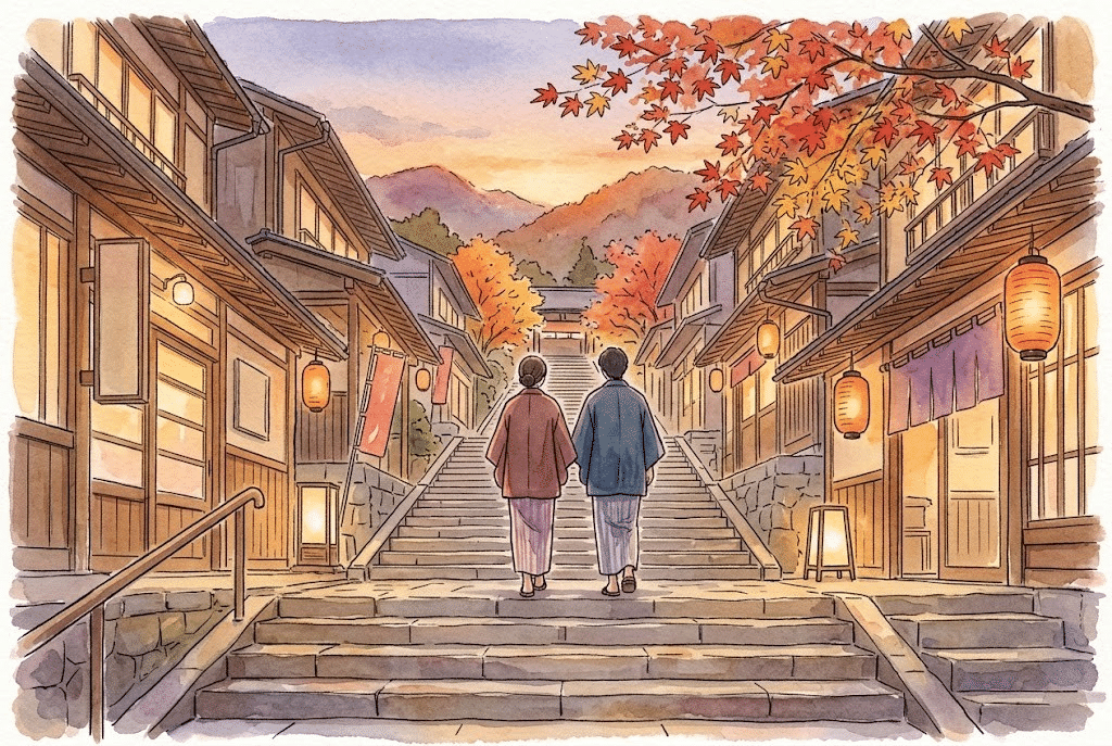 秋の夕暮れ、紅葉の温泉街の石段を浴衣の二人が上っていく後ろ姿の水彩イラスト。