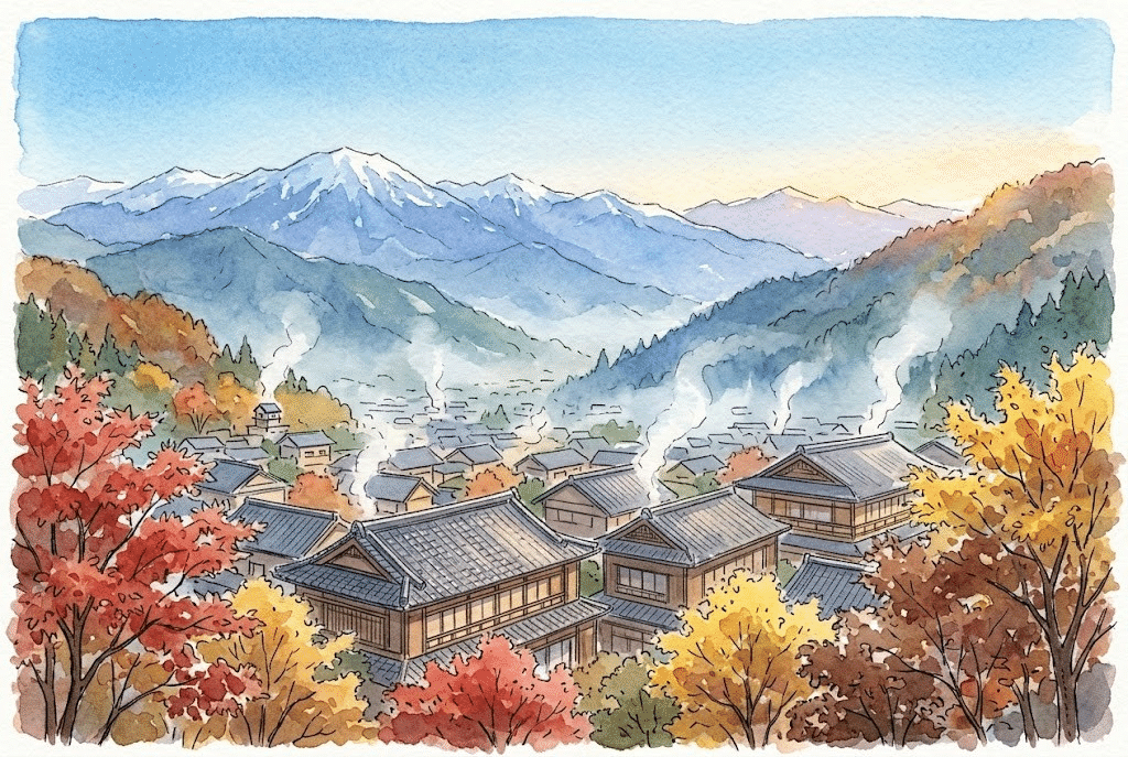 晩秋の朝、温泉街の高台から湯けむりの谷と雪をかぶった連峰を望む水彩イラスト。