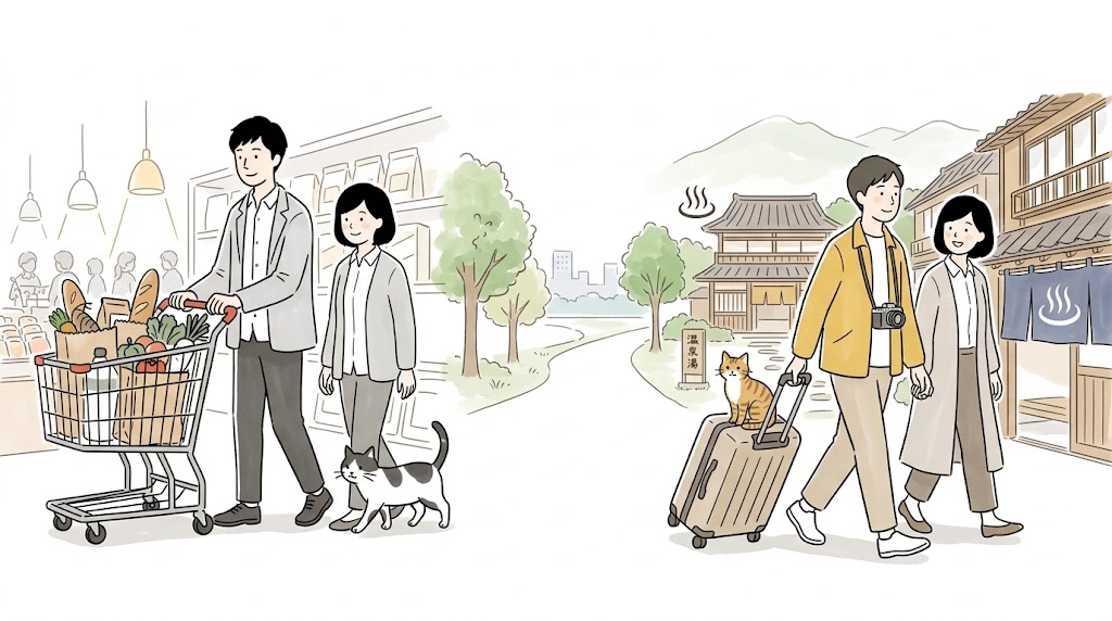 買い物かごを押すはるきと妻、猫と旅行かばんを引いて温泉街を歩く二人のイラスト