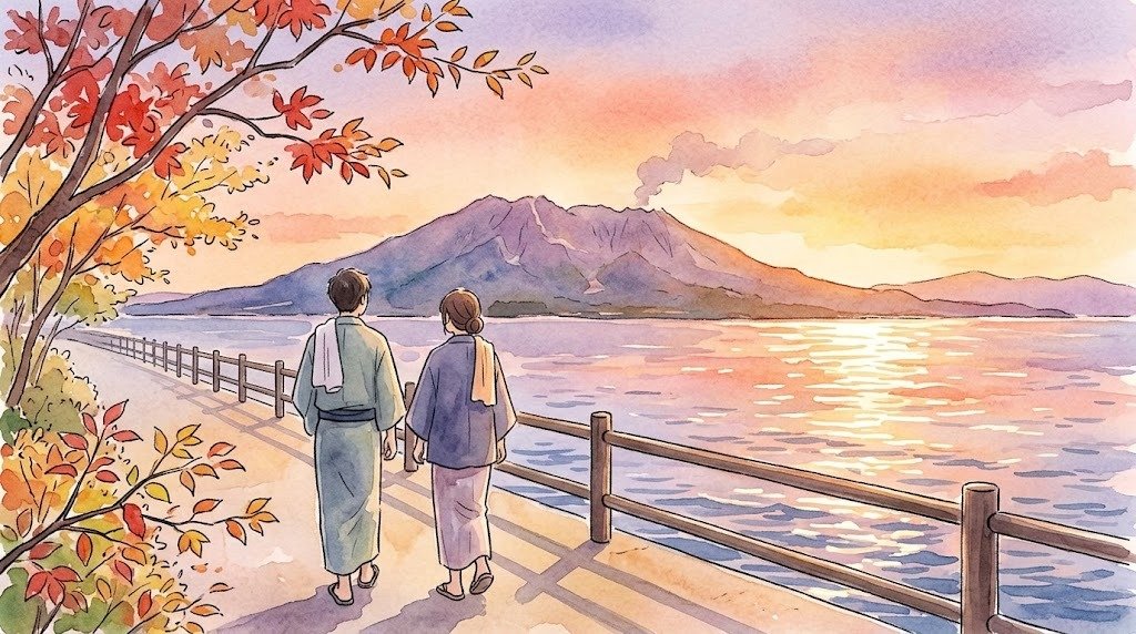 秋の海沿いを浴衣で歩く夫婦と、夕焼けの桜島のイラスト