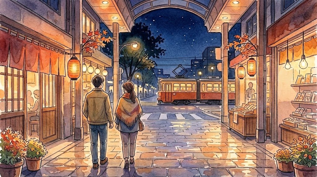 夜のアーケードを歩く夫婦と市電のイラスト