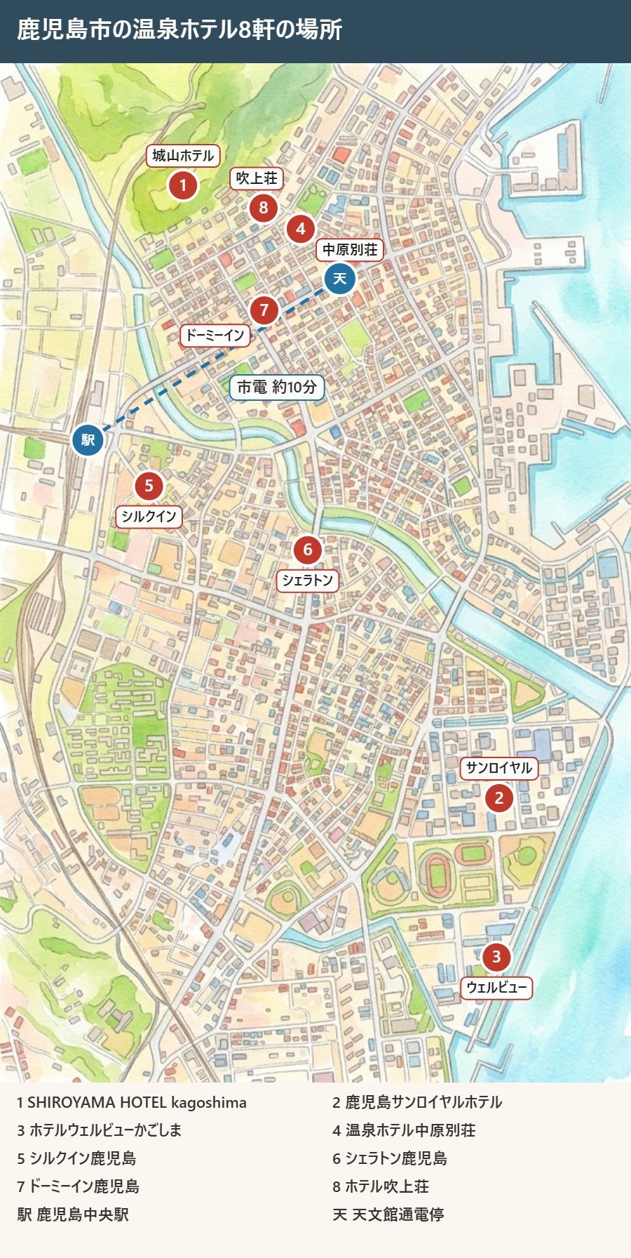 鹿児島市の温泉ホテル8軒と鹿児島中央駅、天文館通電停の位置を示したイラストマップ