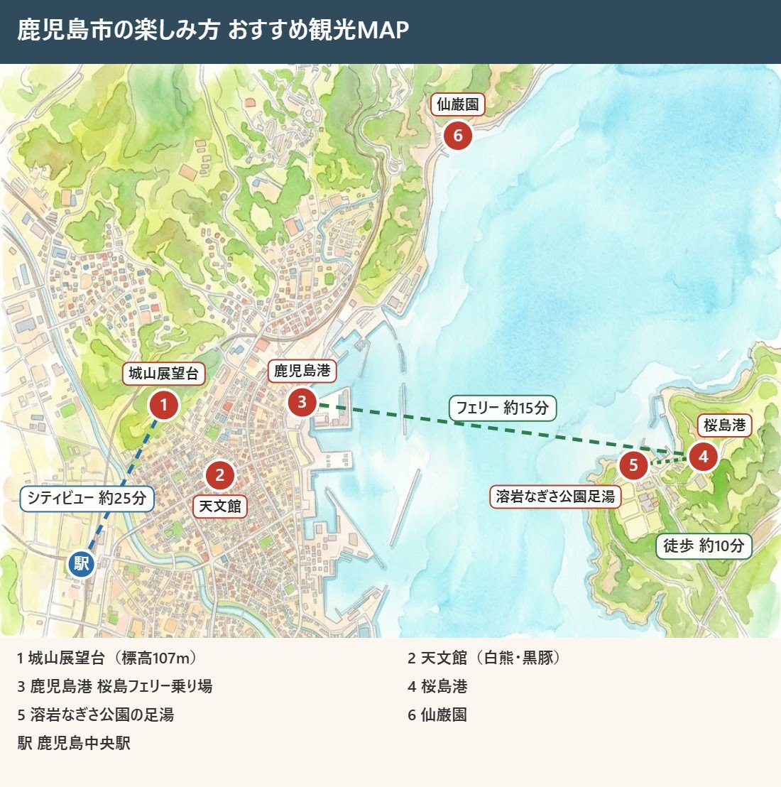 城山展望台、天文館、鹿児島港、桜島港、溶岩なぎさ公園の足湯、仙巌園の位置を示したイラストマップ