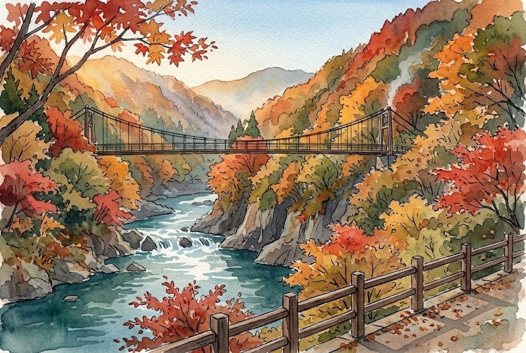 紅葉した渓谷に吊り橋がかかる、晩秋の朝の水彩のイメージ。