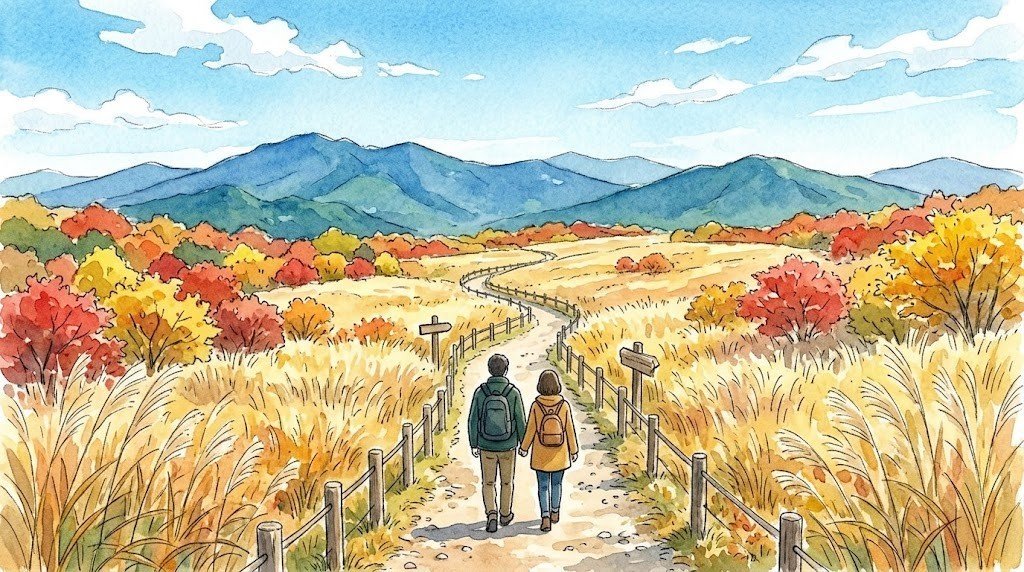 紅葉した高原の遊歩道を歩く夫婦の後ろ姿の水彩イラスト。