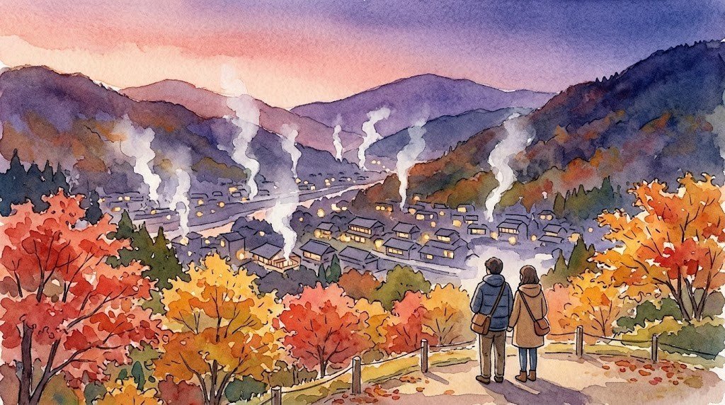 夕暮れの山あいに湯けむりが立ち、灯りがともる景色を眺める夫婦の水彩イラスト。