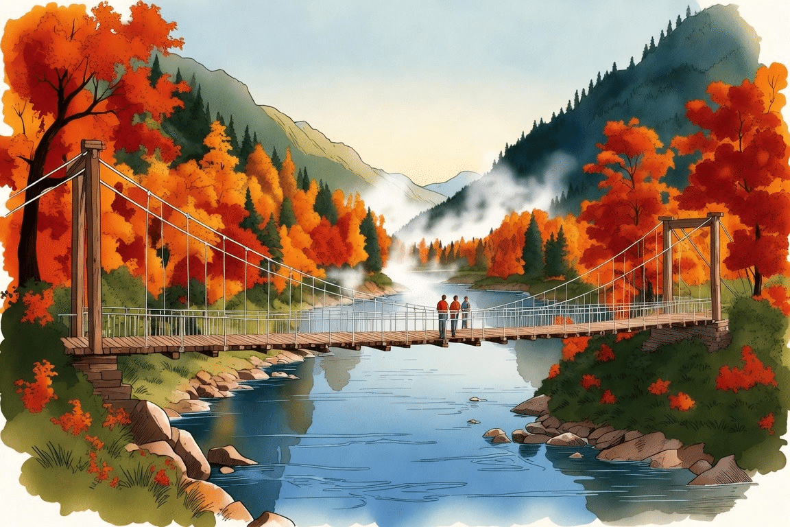 秋の山あいの川と吊り橋を渡る二人を描いたイメージのイラスト。