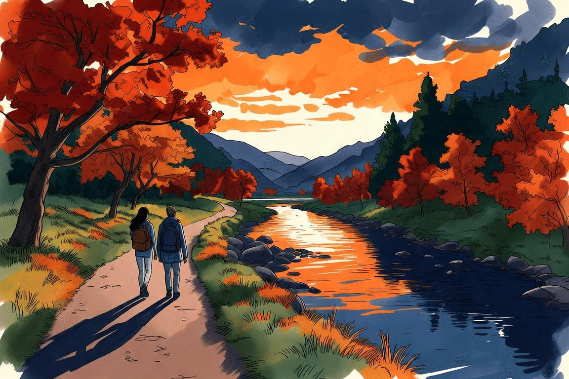 夕暮れの川沿いの小道を歩く二人を描いたイメージのイラスト。