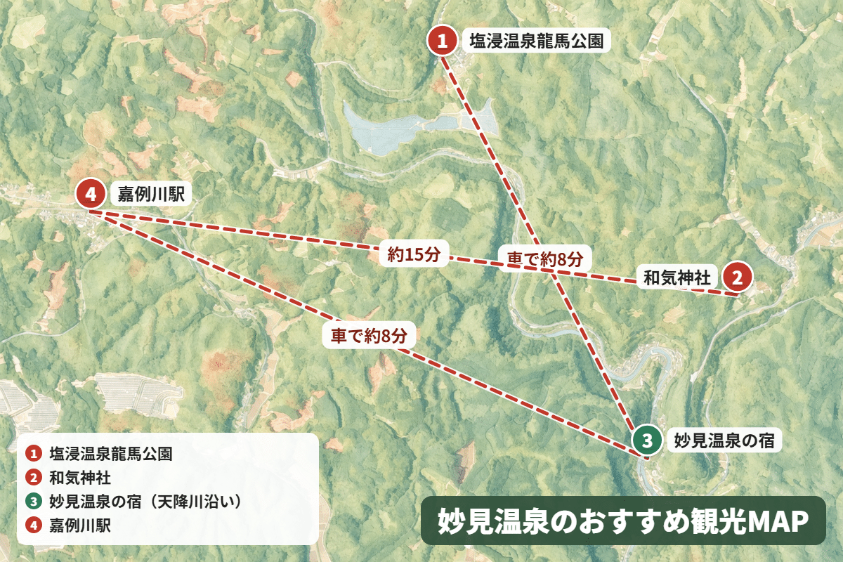 塩浸温泉龍馬公園・和気神社・妙見温泉の宿・嘉例川駅の位置と移動時間を示したイラストマップ。
