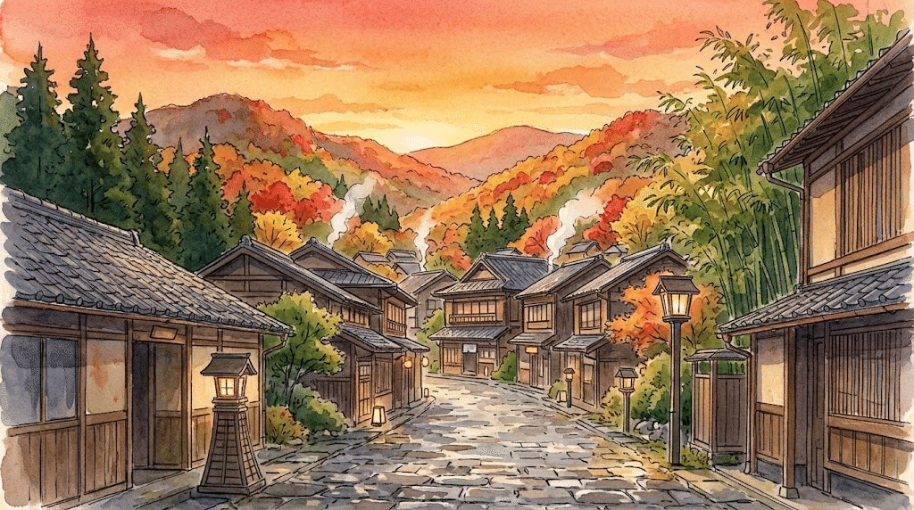 秋の夕方、紅葉の山あいに湯けむりが立つ温泉地を描いた水彩のイラスト。