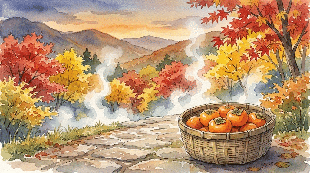 竹かごに盛られた柿と、湯けむりと紅葉の小道を描いた水彩のイラスト。