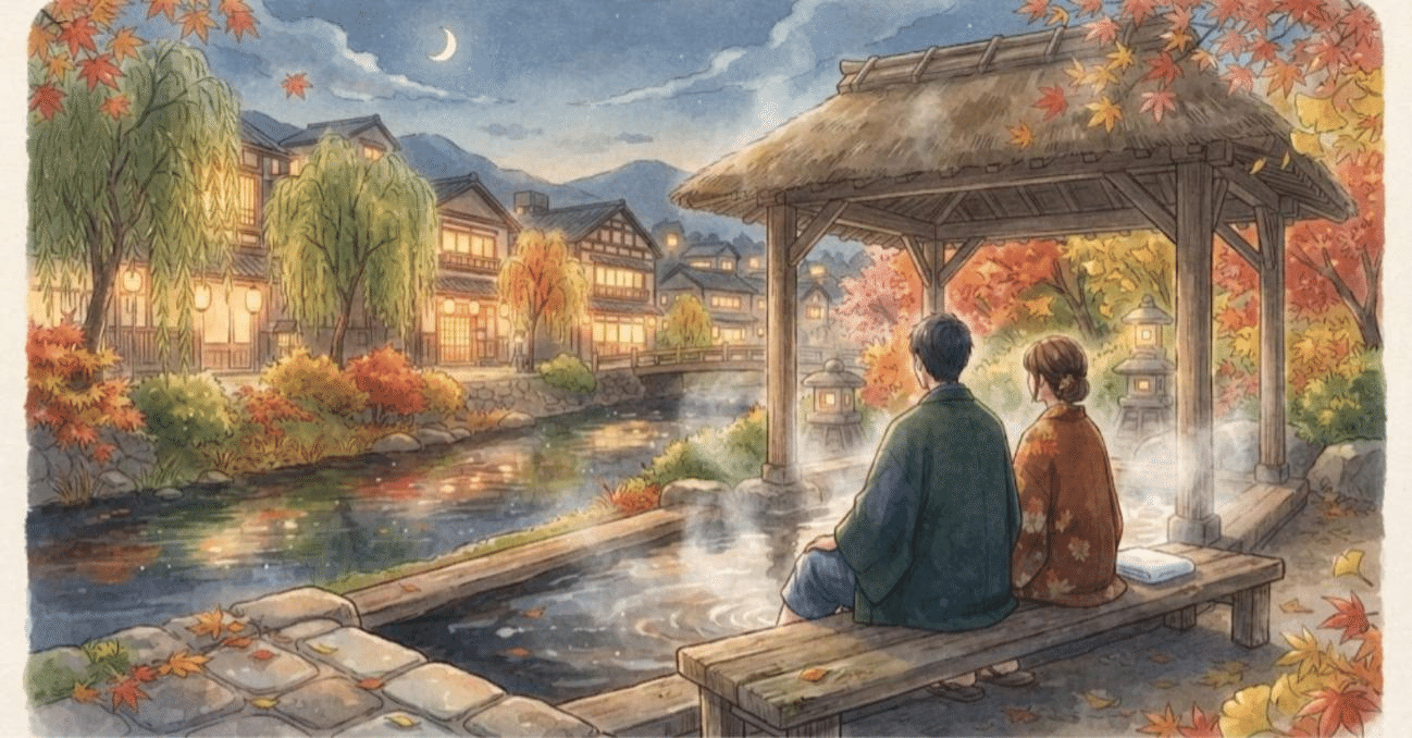 川沿いの屋根付きの足湯に、浴衣の二人が後ろ姿で座る夕方のイラスト。