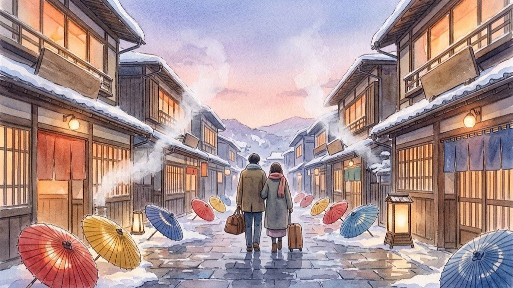 雪の温泉街を夕方に夫婦が歩く後ろ姿のイメージイラスト。