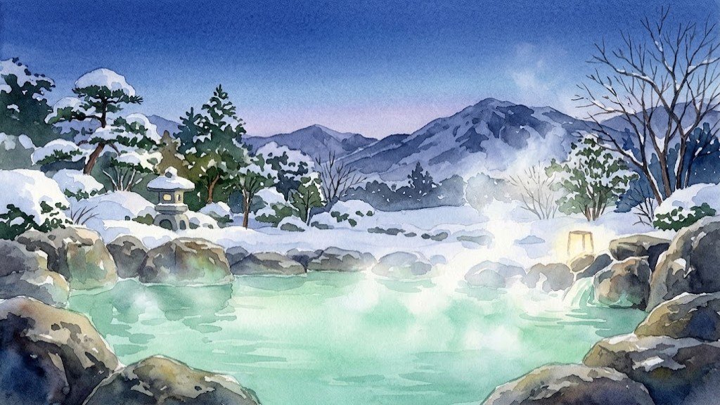 雪の庭に面した露天風呂のイメージイラスト。